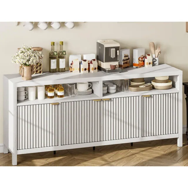 65.8 Inch Fluted Sideboard Buffet Cabinet with 4 Doors, Morden Kitchen Storage Cabinet for Dining Room, Living Room, Entryway, Retro White