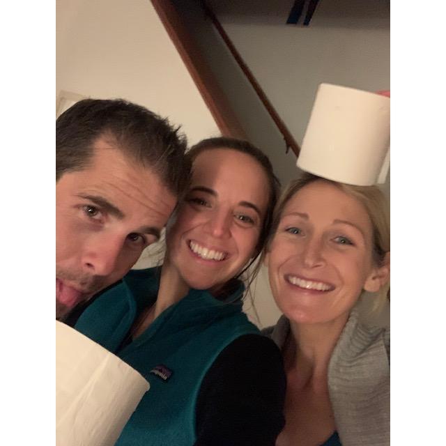 Matt, Jenny and Matt's sister, Erin - rationing TP as a quarantine "pod" in 2020.