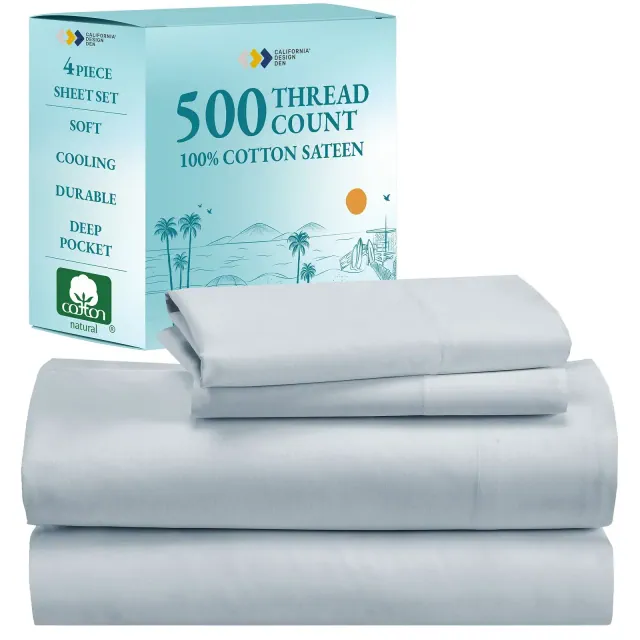 Light Blue -King Sheet Set, 100% Extra Long Staple, 500 Thread Count Sateen Weave, 4 Piece Set, California Design Den
