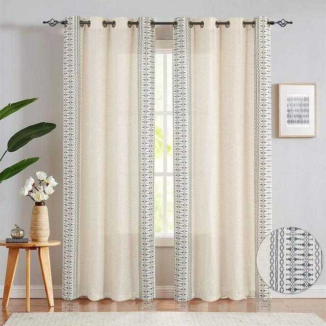 jinchan Embroidered Window Curtains for Bedroom- Quatrefoil Flax Linen Blend Textured Geometry Lattice Grommet Window Treatment Set for Living Room 50" W x 84" L 2 Panels Blue