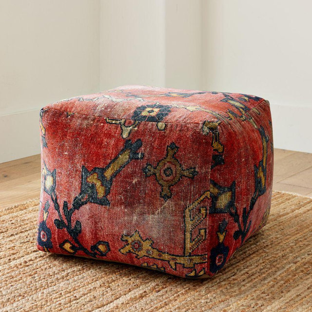 Dara Velvet Printed Pouf: 18x18x14 Inches: Red Multi