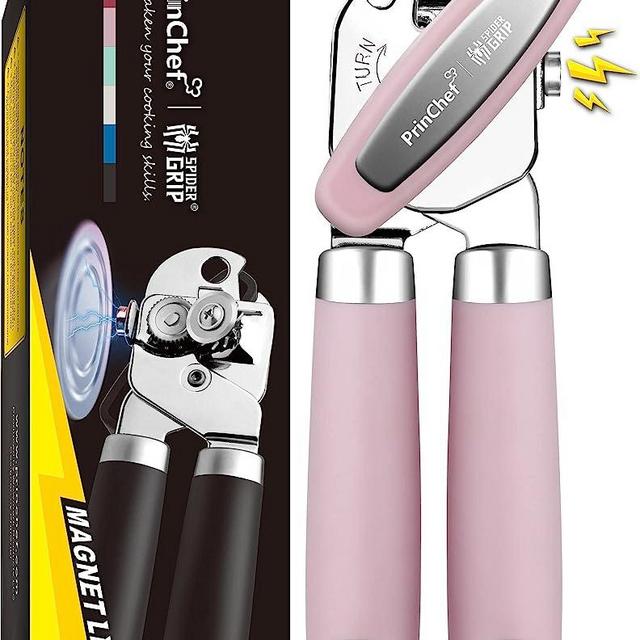 PrinChef Can Opener Manual, Can Tin Bottle Opener with Magnet - No-Trouble-Lid-Lift, Handheld Can Opener Smooth Edge with Sharp Blade, Heavy Duty and Easy to Use, for Seniors with Arthritis, Pink