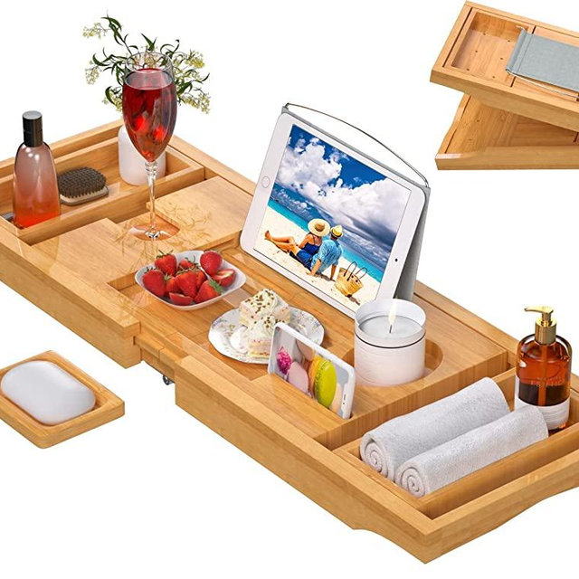Bathtub Caddy Tray for Tub,Foldable Bamboo Bath Table Tray with Book and Wine Glass Holder, Expandable Bathroom Accessories with Free Soap Dish Suitable for Luxury Spa or Reading