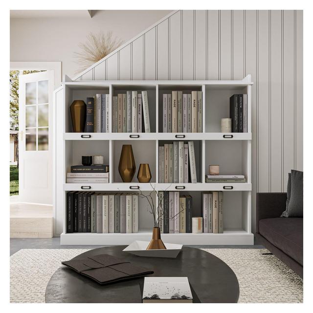 10 Shelf Bookshelf, 3 Tier Modern Wide Bookcase, Mid-Century Wood Bookshelves Storage, Floor Standing Bookshelf for Living Room-White-The Pop Home