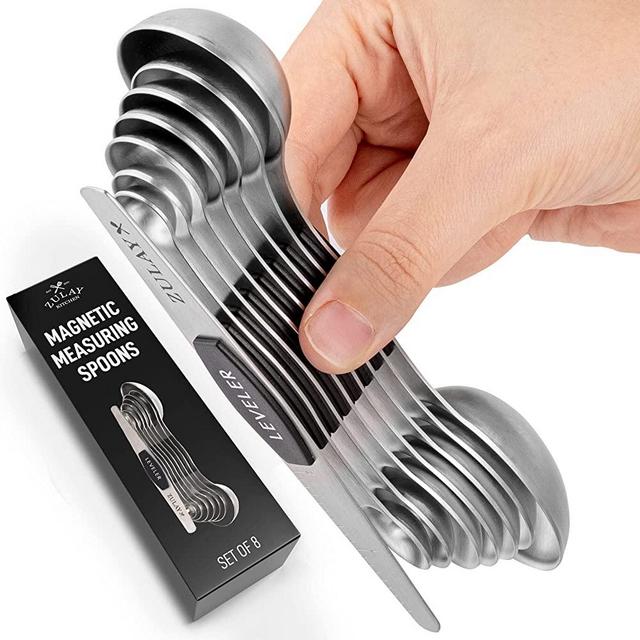 Zulay Kitchen Stackable Magnetic Spoons Set of 7 - Dual Sided Magnetic Measuring Spoons Set Fits In Spice Jars - Stainless Steel Measuring Spoons Magnetic For Dry and Liquid Ingredients (Black)