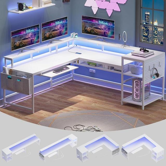 SEDETA L Shaped Gaming Desk, Reversible Home Office Desk or Corner Desk, Gaming Desk with Power Outlets & LED Strip, Monitor Shelf, Keyboard Tray, Pegboard and Storage Shelves, White