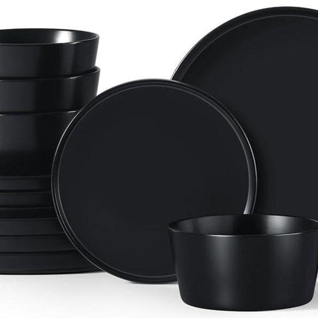 Herogo 12 Pieces Stoneware Dinnerware Set, Service for 4, Dinner Plates and Bowls Sets, Double Reactive Glaze Dishes Set for Kitchen, Scratch Resistant, Dishwasher Safe, Matte Black