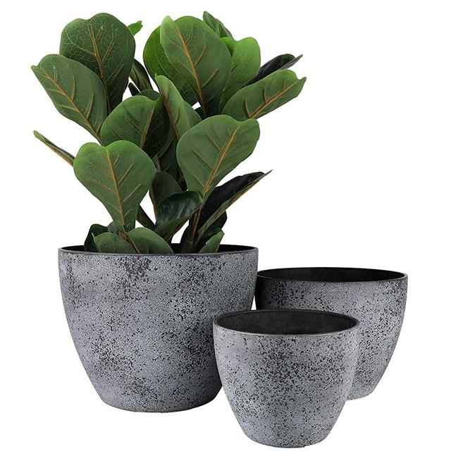 LA JOLIE MUSE Outdoor Planters Pots for Plants Set of 3 - Tree Flower Plant Pots, Plant Container with Drain Holes, 14.2"+11.4"+8.7", Rock Gray