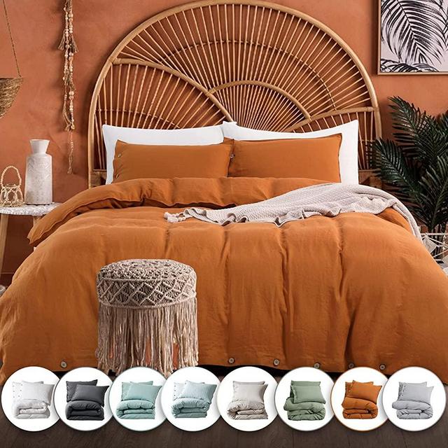 EVERLY Linen Duvet Cover Queen Size, 100% Stonewashed French Linen Duvet Cover Set, 3 Pieces (1 Duvet Cover & 2 Pillowcases) Flax Comforter Cover Set with Coconut Button Closure, Caramel