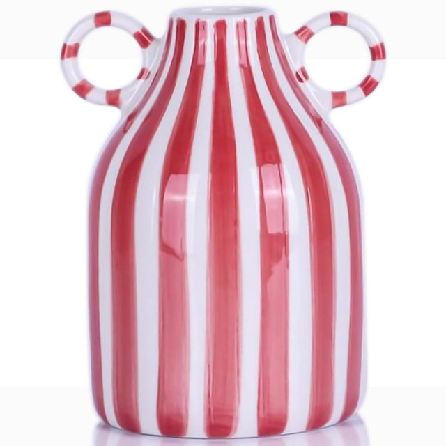 Red and White Ceramic Vase with Handle, Nordic Boho Small Vases Side Table Flower Centerpiece, Wide Mouth Single Flower Vase Pampas Grass Decorative - for Home Window Sill Living Dining Room Kitchen