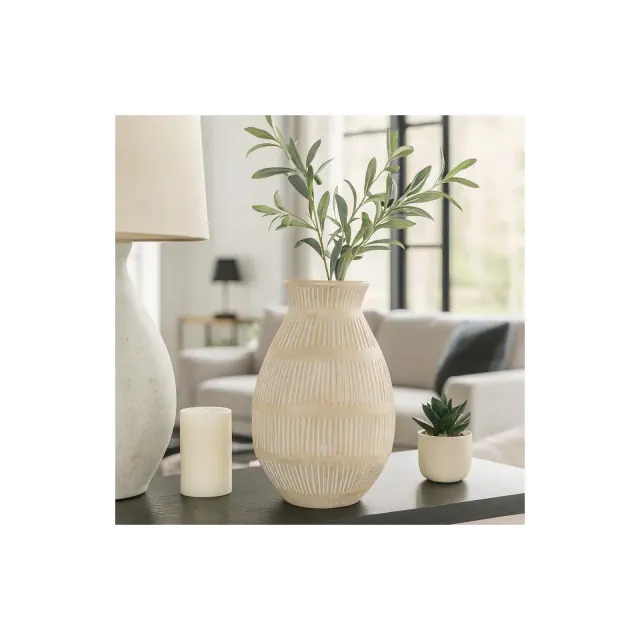 Decorative Terracotta Vase with Bold Textured Form for Living Room Decor - Home Centerpiece for Bedroom, Table, or Office Decor - 16" Ivory