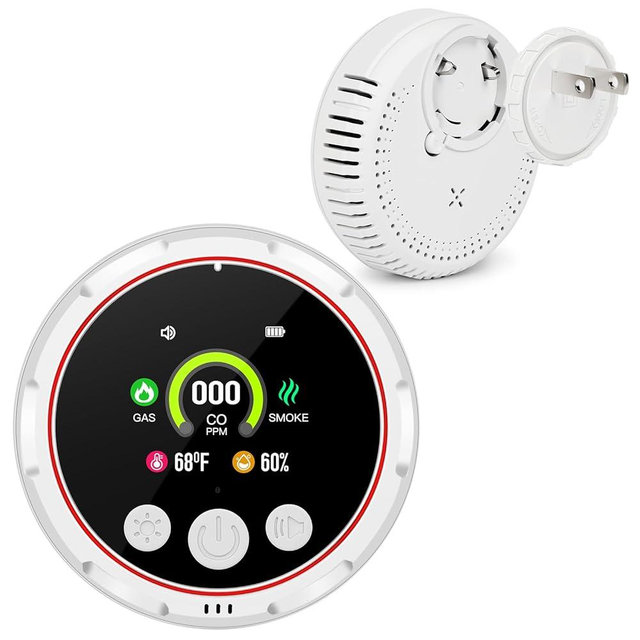 Carbon Monoxide Detectors, 5-in-1 Plug in Natural Gas & Smoke Detector, CO Methane Propane Combustible Combination Gas Alarm with Temp Humidity Sensor HD Screen for RV Home Travel Kitchen White 1 Pack
