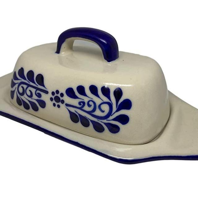 Mexican Talavera Ceramic Butter Dish with Handle - Authentic Mexican Mantequillero Colonial White