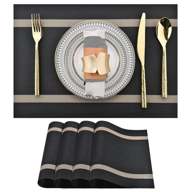 SLKQG Black Placemats Set of 4 - Easy Clean Modern Durable Washable Vinyl Place Mats - Heat Resistant Placemats for Kitchen Table - PVC Table Mats for Dining Table (Black with Stripes, 4)