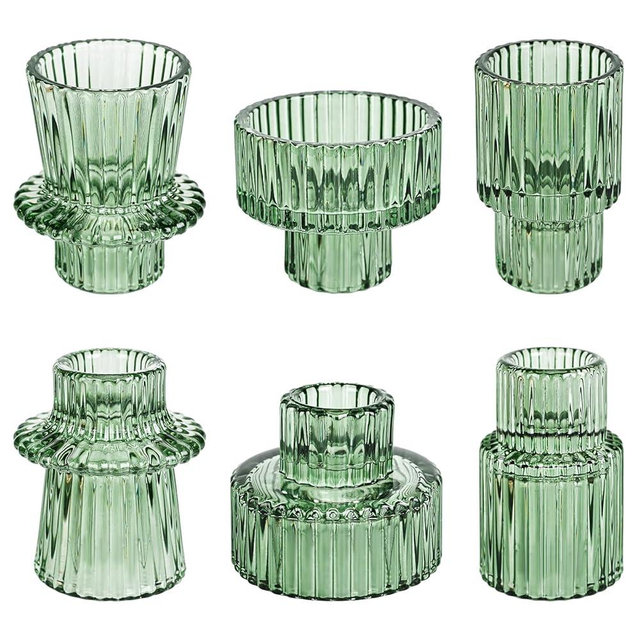 NEOEGOR Taper Votive Candle Holder for Pillar Candles Tealight, Candlestick Holder for Wedding Christmas Tea Party, Boho Ribbed Vintage Crystal Glass Table Centerpiece Decor, Bulk Set of 6 (Green)