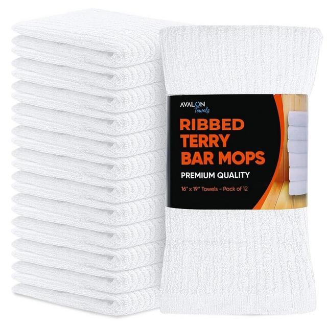 Avalon Towels Ribbed Bar Mop Towels (Value Pack of 12) Size 16"x19" – Absorbent and Durable, Multipurpose Cleaning Rags, Cotton Cleaning Towels, Terry Cloth Rags, Reusable Shop Rags