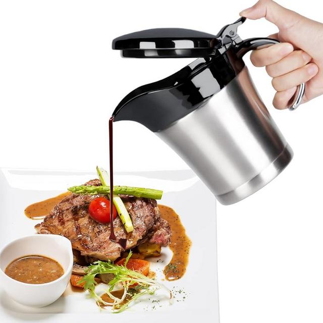 Stainless Steel Gravy Boat, 16 Oz Double Insulated Gravy Sauce Jug with Hinged Lid for Family Dinner, Thanksgiving, Halloween, Christmas (450ML-16OZ- Black)