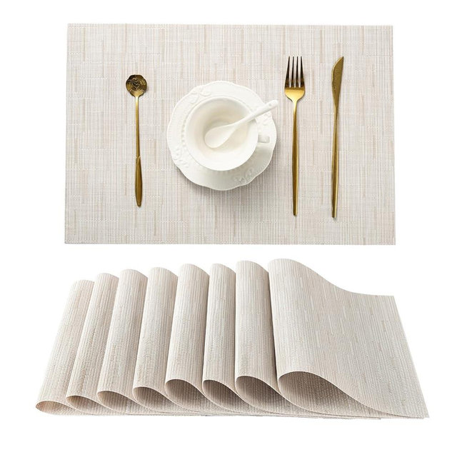 Leetaltree Pale Beige Placemats Set of 8 - Heat Resistant Non-Slip Place mats for Dining Table, Washable Durable PVC Vinyl Woven Table Mats（Pale Beige, 8）
