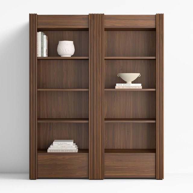 Siena 68" Walnut Wood 4-Shelf Storage Bookcase with Drawer, Set of 2