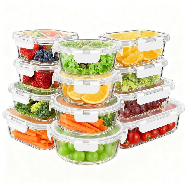 KAMOTA Glass Food Storage Containers, White Glass Meal Prep Containers, Airtight Containers with Snap-Lock Lids, Set of 12, for Microwave/Oven/Freezer/Dishwasher