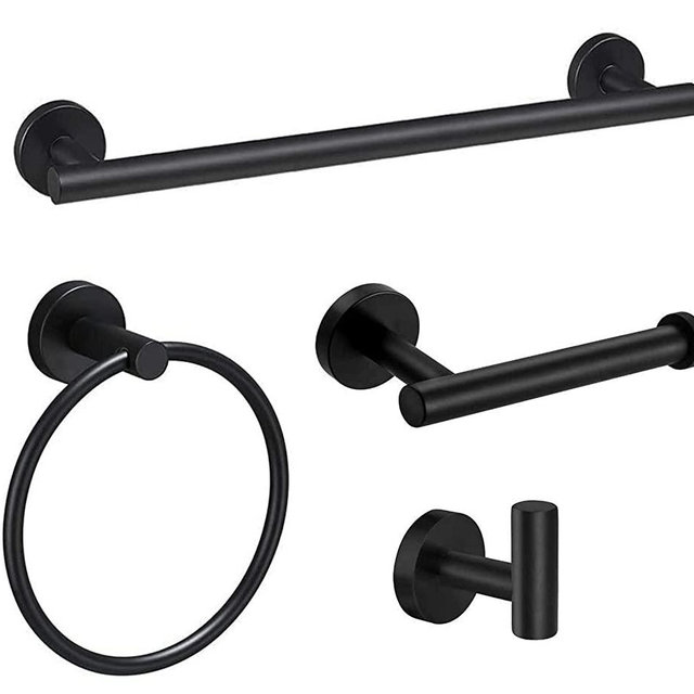 4 Pcs Matte Black Bathroom Hardware Accessories Set Black Stainless Steel 16inch Hand Towel Bar, Toilet Paper Holder, Towel Ring,Robe Hook