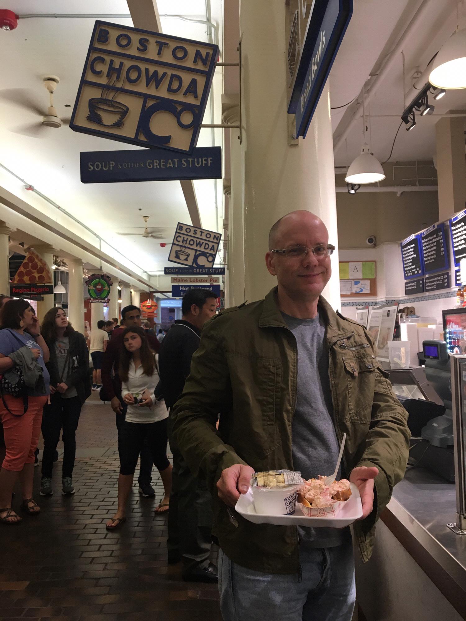 His first trip to Boston- grabbing a lobstah roll from Boston Chowda- June 2018