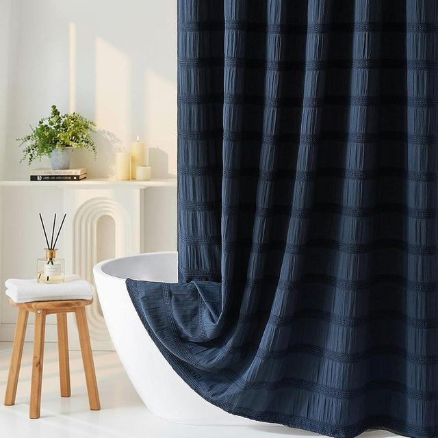 Lameirose Navy Blue Shower Curtain Boho, 72 x 72 Cotton Blend Waffle Tufted Striped Chic Textured Fabric Shower Curtain for Bathroom, Hotel, Washable
