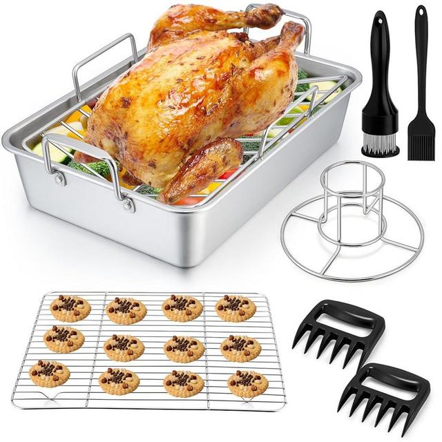 P&P CHEF Roasting Pan Set (8 PCS), 14 Inch Stainless Steel Turkey Roaster Pan, Flat & V-shaped Roasting Racks & Beer Can Chicken Holder, Meat Claws & Tenderizer, Brush, Healthy & Heavy Duty