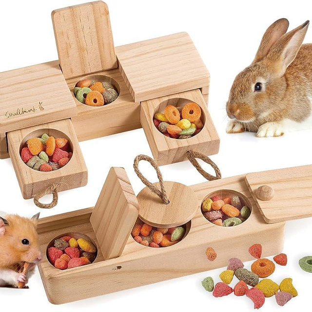 SoulThink® Interactive Wooden Pet Rabbit Toys - Sniff n' Snack Bunny Chew Toys for Rabbit Treats, Suited as Guinea Pig, Hamster for Boredom, Bunny Toys for Rabbits Keep Busy (2 Sets)