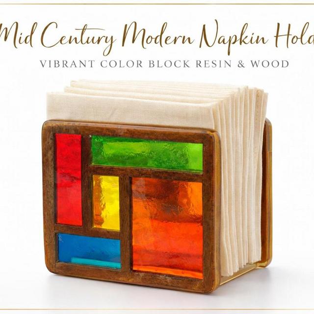 Mid Century Modern Napkin Holder – Stained Glass Geometric Panels, Retro Kitchen Decor