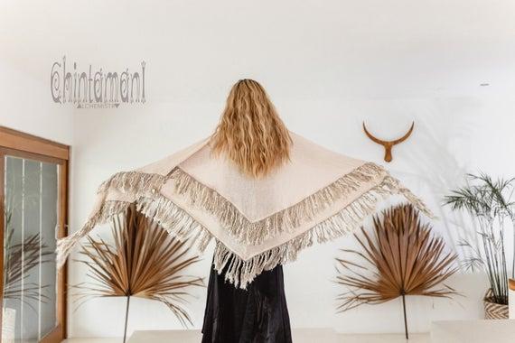 Boho Fringe Shawl ∆ Bohemian Scarf ∆ Organic Wedding Shawl ∆ Hippie Clothing ∆ Linen Fringes Triangle Gypsy Wrap Shawl / Off-White