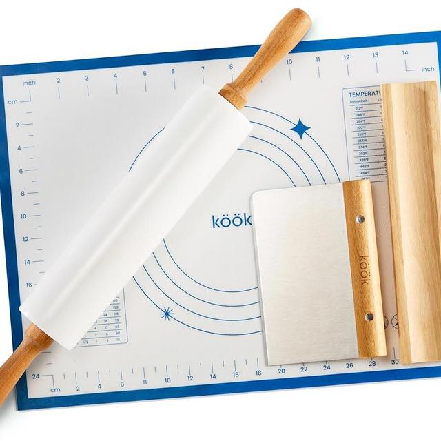 Kook Marble Rolling Pin Set, 18 Inch Rolling Pin with Beechwood Handles, Wooden Holder, Metal Scraper, Silicone Mat, Nonstick, for Baking Pizza Dough, Pastries, Tortillas