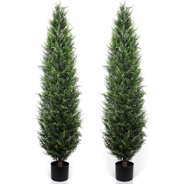 Artificial Cedar Topiary 5ft Fake Cypress Trees Faux Cedar Potted Plants Silk Pine Cypress for Outdoors Front Home Decor 2 Pack