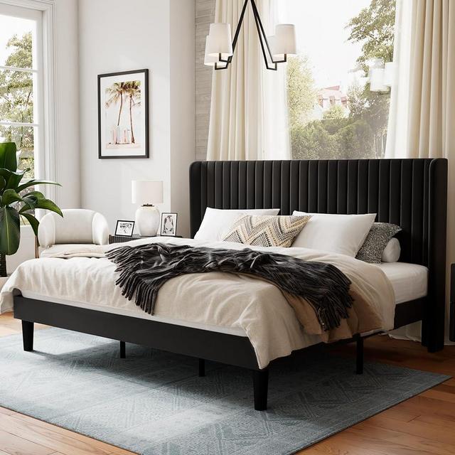 SHA CERLIN King Size Velvet Bed Frame with Vertical Channel Tufted Wingback Headboard, Upholstered Platform Bed with Wood Slats, No Box Spring Needed, Easy Assembly, Black