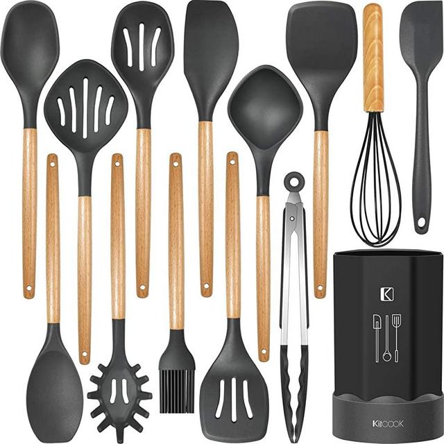 Silicone Cooking Utensils Kitchen Utensil Set, Heat Resistant,Kitchen Utensils Spatula Set with Holder.Wooden Handle Gray Silicone Kitchen Tools Gadgets for Non-Stick Cookware .BPA Free.(Large)