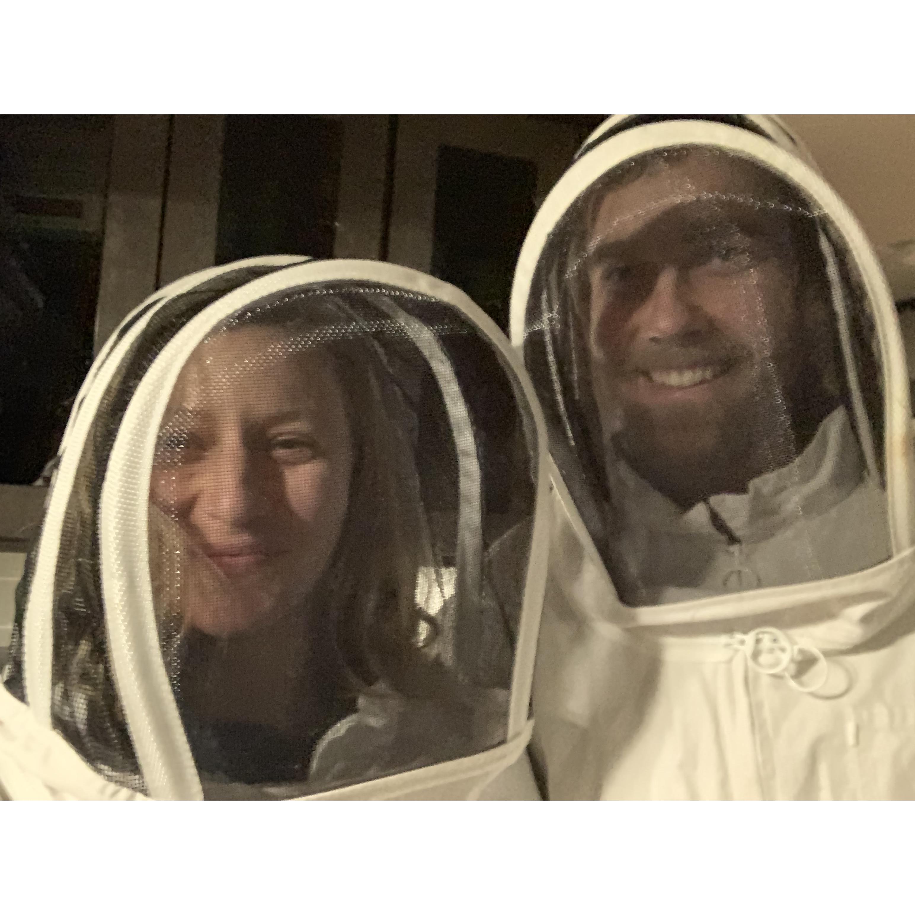 Trying on our Bee Suits