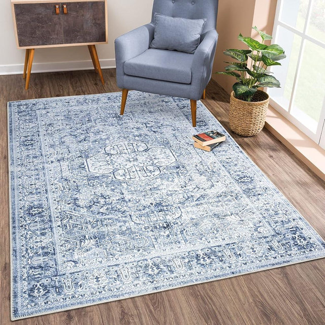 Bloom Rugs Washable Non-Slip 9' x 12' Rug - Ivory/Denim Blue Traditional Medallion Area Rug for Living Room, Bedroom, Dining Room, and Kitchen - Exact Size: 9' x 12'