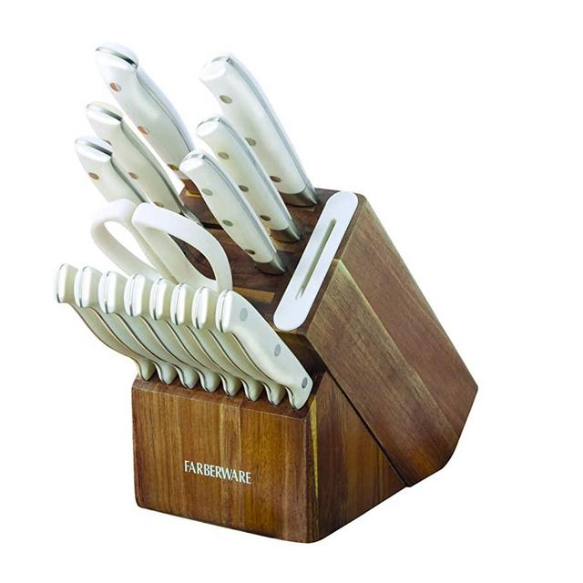 Farberware Edgekeeper 16-Piece Stainless Steel Block Set with Built in Knife Sharpener, Acacia
