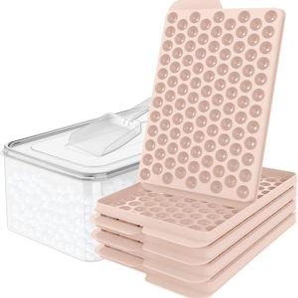 WIBIMEN Mini Ice Cube Trays, 0.55” Tiny Pebble Ice for Iced Coffee & Cocktails, Fast Chill, Easy Twist Release, Stackable with Lid & Storage Bin (4 Pack, Pink)