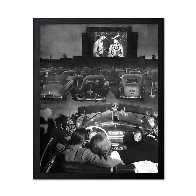 Monem Art Drive In Movie Theater Poster - Classic Cars Print - Couple Art - Black and White Art - Photography Art - Valentine's Day Art - Romantic Bedroom or Office Decor - 8x10 Black Framed