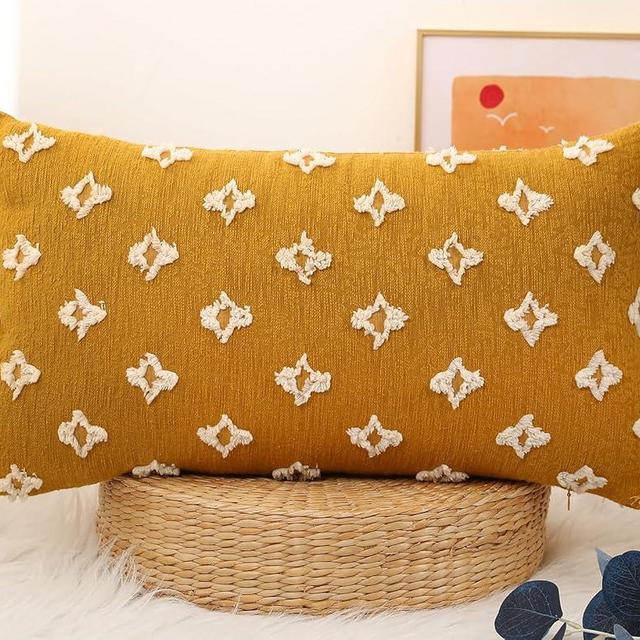 DRNOU Boho Long Lumbar Pillow Cover 12x24 with Tassel,3D Flower Patterned Cotton Decorative Long Lumbar Pillow Cover Pillow Case for Sofa Couch Bed Livingroom Farmhouse,Yellow