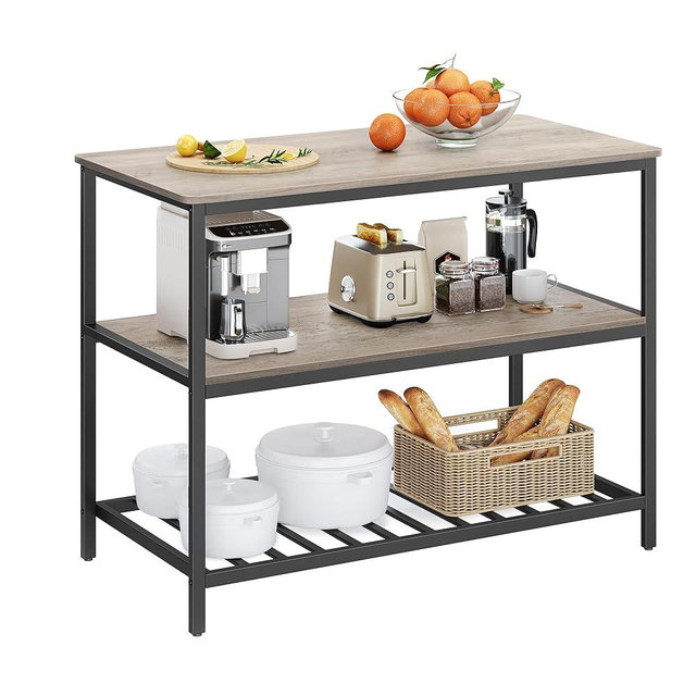 VASAGLE Kitchen Island with 3 Shelves, 47.2 Inches Width Kitchen Shelf with Large Worktop, Stable Steel Structure, Industrial, Easy to Assemble, Greige and Black UKKI001B02
