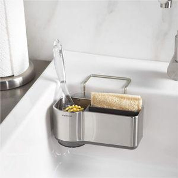 simplehuman Sink Caddy, Sponge Holder for Kitchen Sink with Compartment Dividers, 4 Suction Cups & Wire Ledge Hanger for Secure Mount, Vented Base for Fast Drying, Brushed Stainless Steel