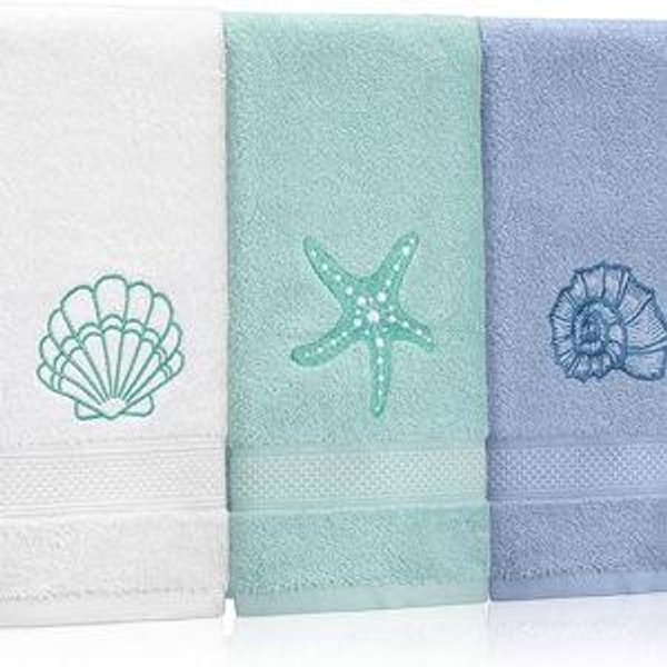 3 Pack Coastal Hand Towels for Bathroom 100% Cotton Embroidered Beach Bathroom Towels 13.8 x 29.5'' Seashell Starfish Conch Blue Finger Towel Nautical Decorative Towel Gift for Summer Holiday