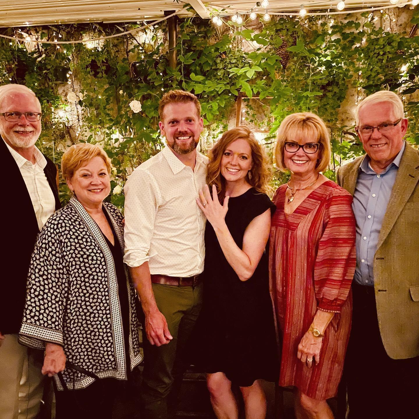 Surprise celebratory dinner with both sets of our parents (who are throwing us a great party and you're all invited!)