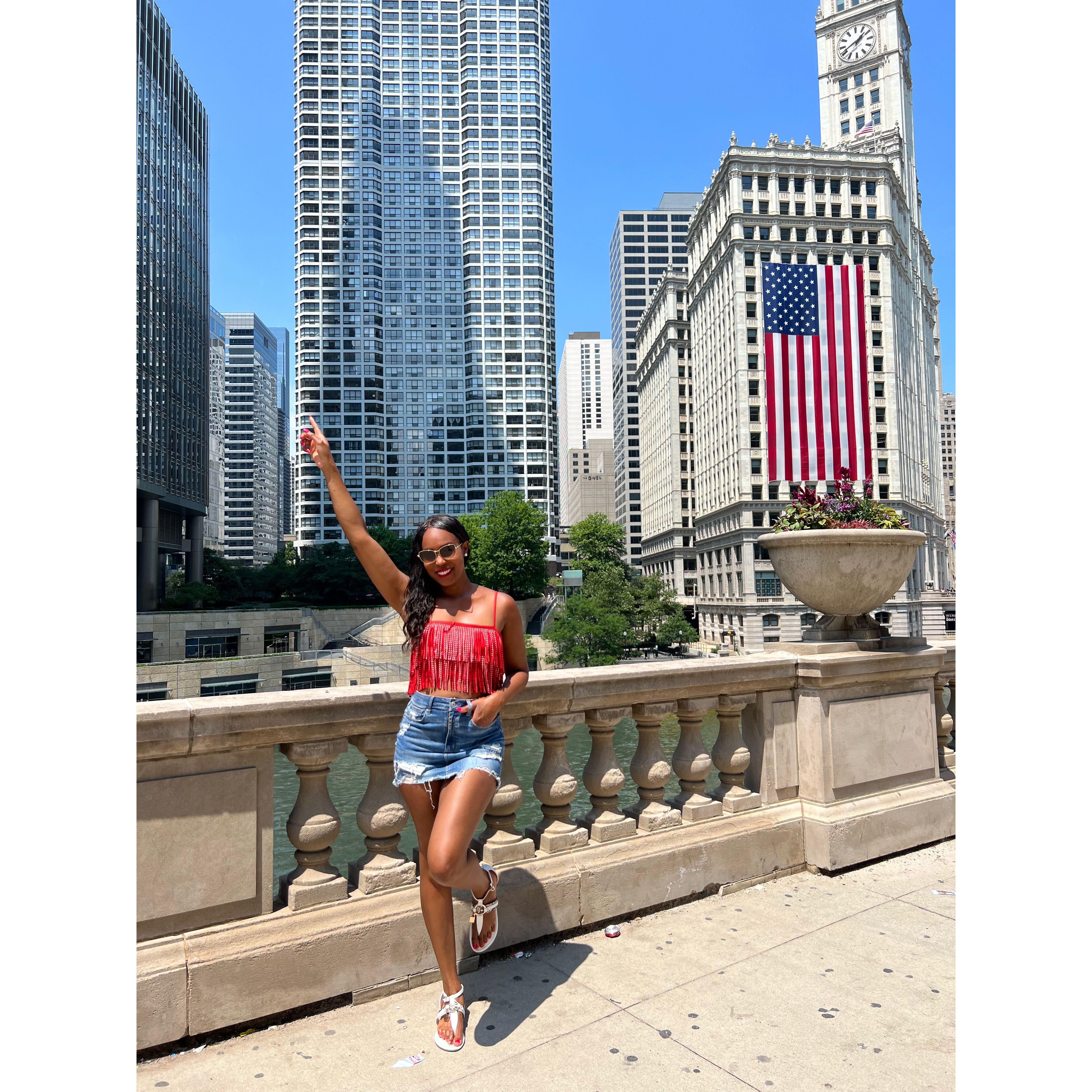 On the river walk in our neighborhood of Downtown Chicago
