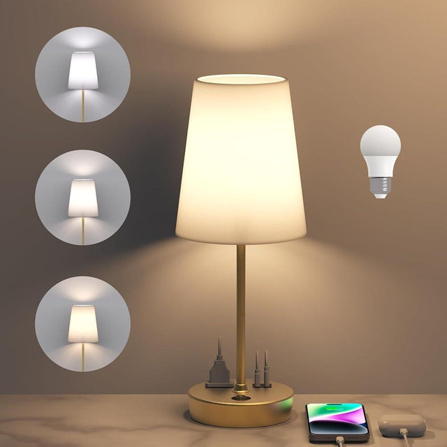 Bedside Table Lamp for Bedroom, 3-Way Dimmable Lamp with AC Outlet and USB C Charging Ports(PD 20W), Lamps with Shade for Night Stands, Living Room, Desk, and Home Office