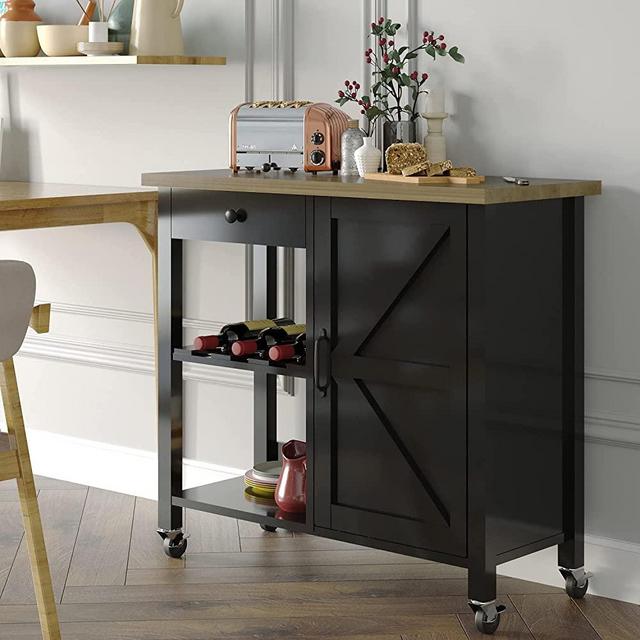 4 EVER WINNER Farmhouse Kitchen Carts on Wheels with Storage, Rolling Kitchen Cart with Barn Door, Black Kitchen Storage Cart Small Space, Wooden Countertop, Adjustable Shelf, Lockable Wheels