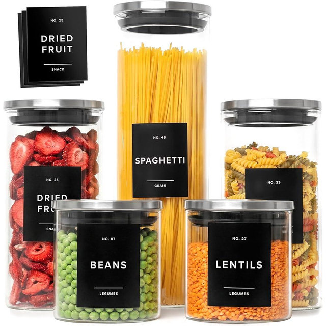 EDELHAUS Glass Storage Containers with Stainless Steel Lids [Extra Thick Glas] with 54 Labels - Canister For Pantry Noodles Flour Cereal Rice Sugar Tea Coffee Beans - Round Set of 5x