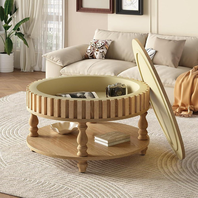 HEPMIMZHU Farmhouse Fluted Coffee Table with Storage and Flip-Top Lids, Center Table for Living Room with Spacious Hidden Storage, Sturdy Durable Solid Wood Legs
